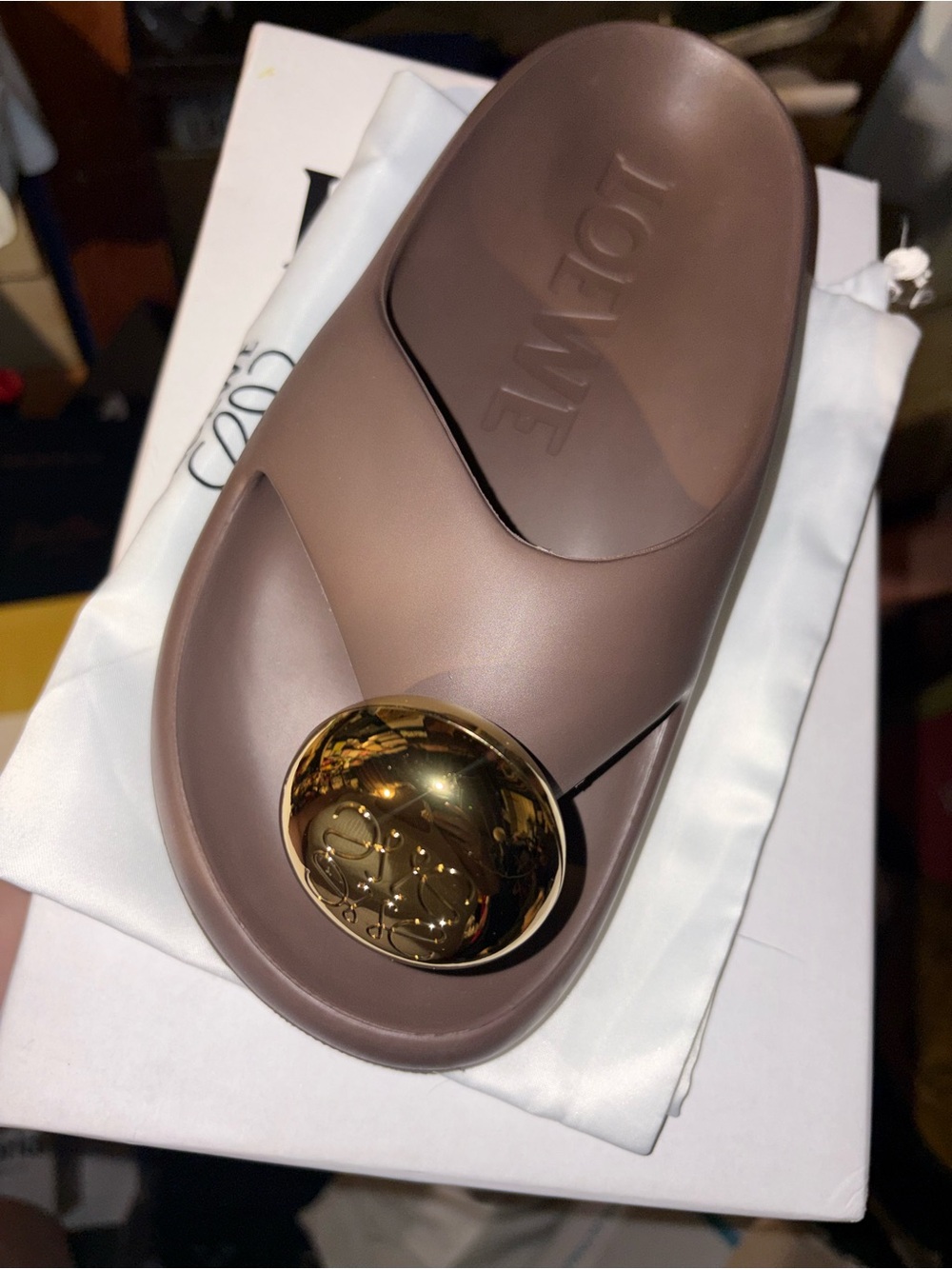 Loewe brown Slide Sandal with Gold Logo Disc